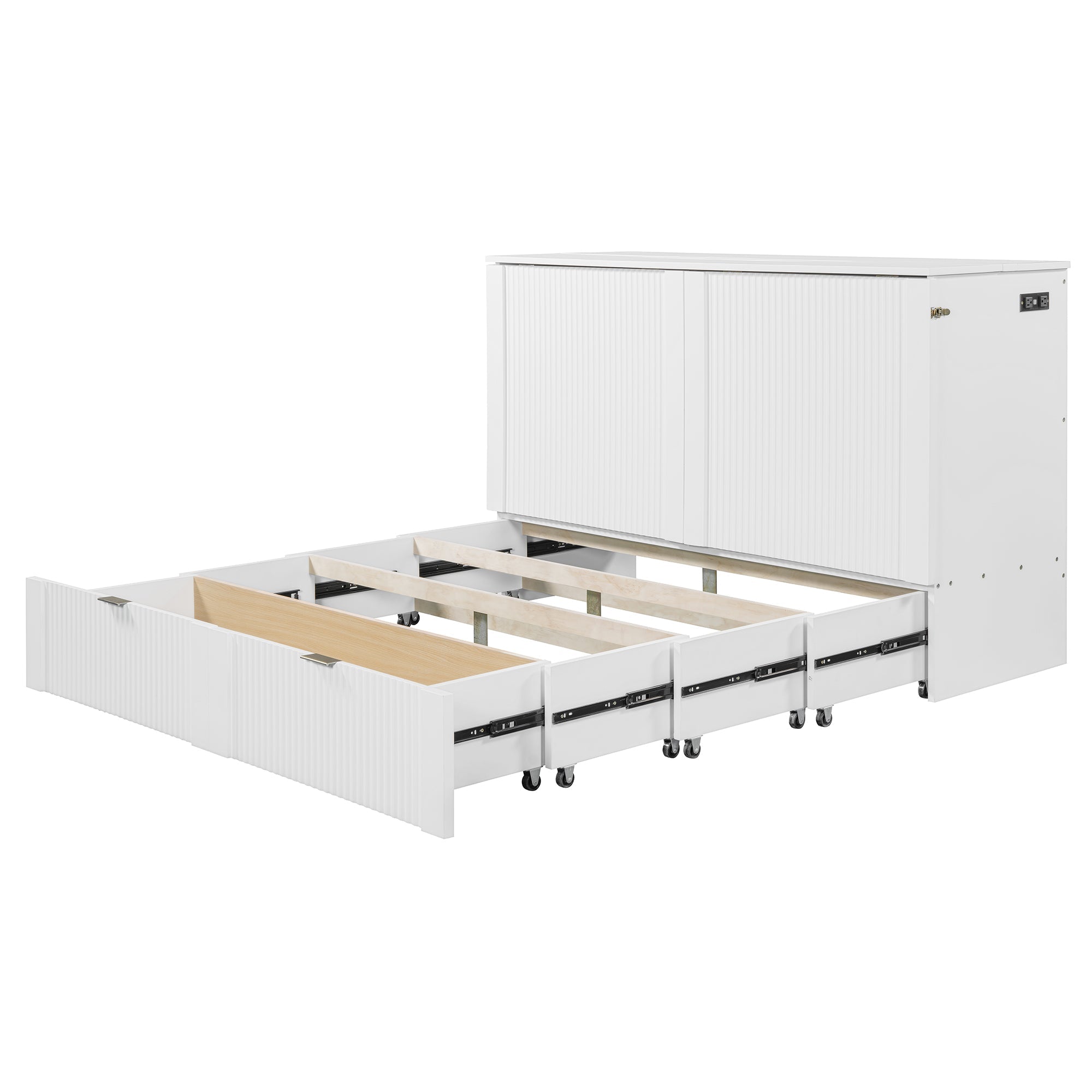 Queen Size Murphy  Bed with drawer and a set of Sockets & USB Ports, Pulley Structure Design, White