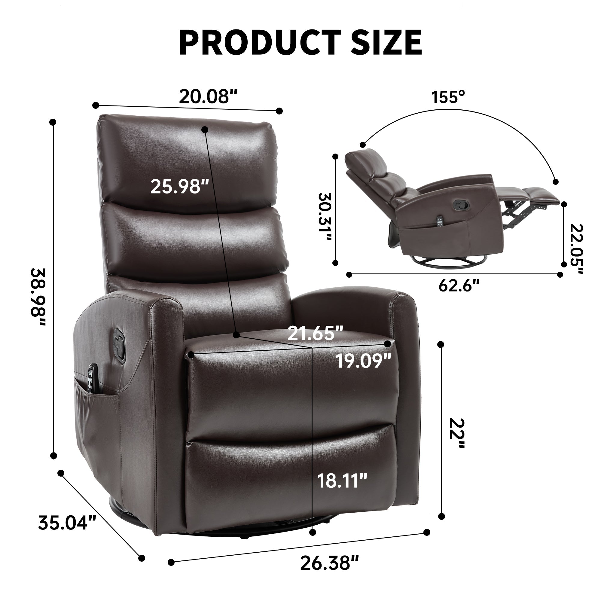 Heat Massage Manual Recliner Chair with Rocker and Swivel in Fabric for Living Room, Brown