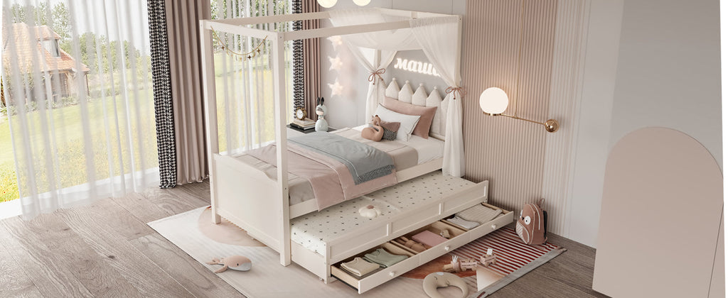 Twin Platform Bed with Upholstered Headboard,Twin Size Trundle and 3 Drawers,Princess Canopy Bed Frame for Kids,Storage & Easy Assembly,Beige