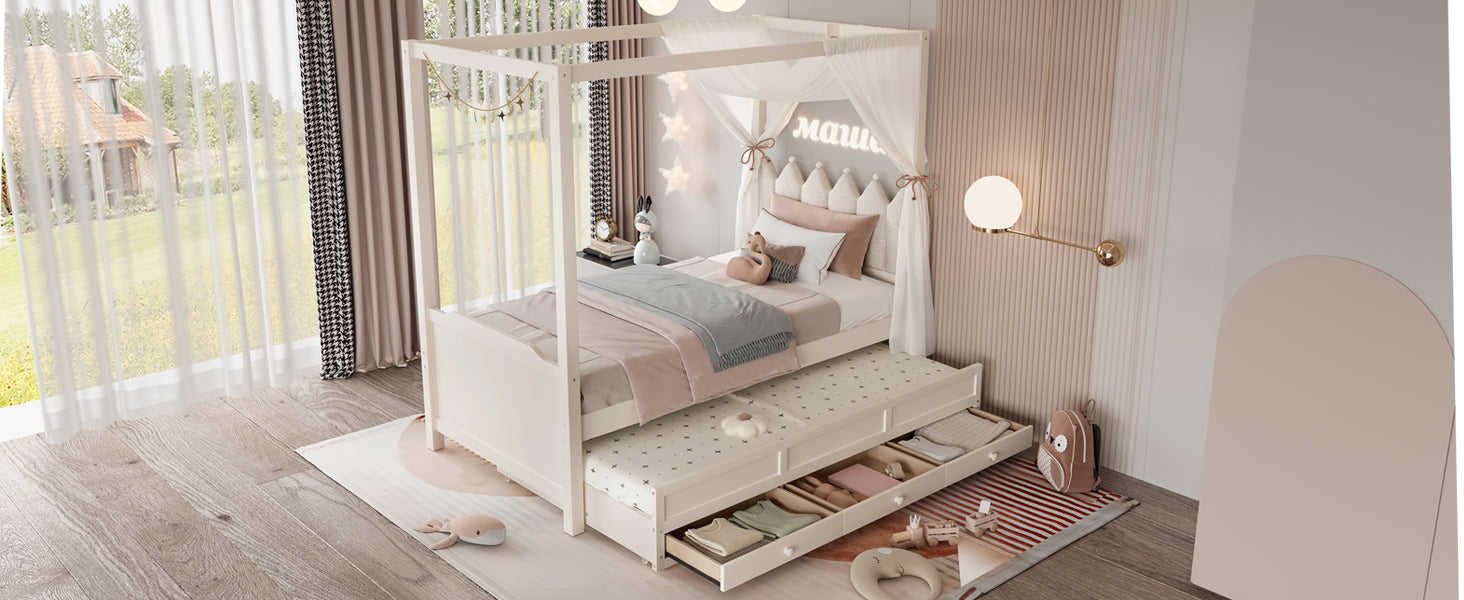Twin Platform Bed with Upholstered Headboard,Twin Size Trundle and 3 Drawers,Princess Canopy Bed Frame for Kids,Storage & Easy Assembly,Beige