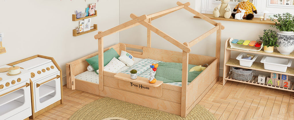 Full Size Floor Bed with Guardrails and Roof, Kids House Floor Bed with a Small Built-in Tray and Free-installed Signboard, Childlike Design, Natural