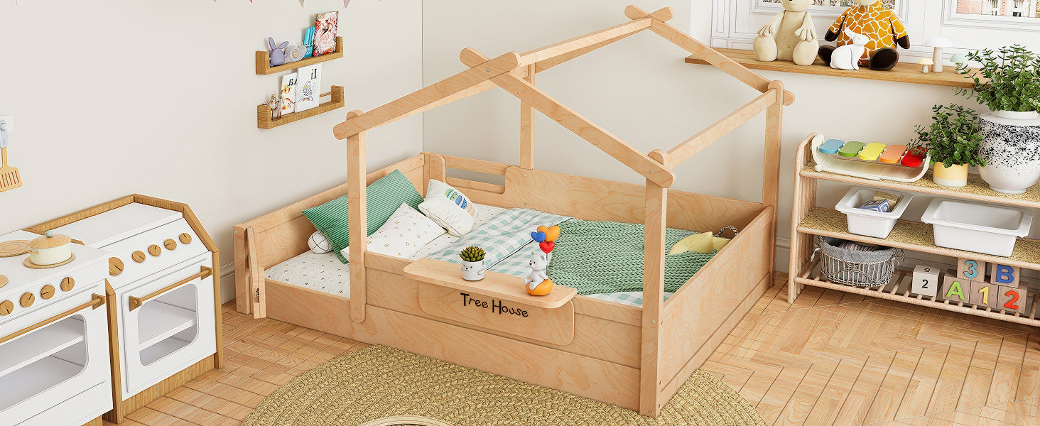 Full Size Floor Bed with Guardrails and Roof, Kids House Floor Bed with a Small Built-in Tray and Free-installed Signboard, Childlike Design, Natural