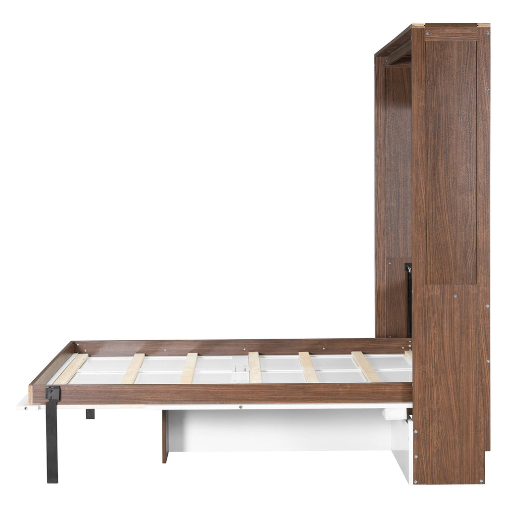 Full Size Murphy Bed with Foldable Desk – Space Saving Wall Bed - Walnut & White