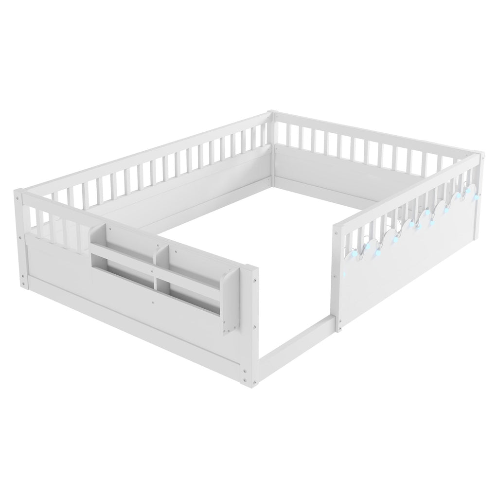 Full Montessori Floor Bed Frame with High Rails, Wood Kids Floor Beds with Light and Storage Shelf, White (Expect Arrival Date 2025/8/15)
