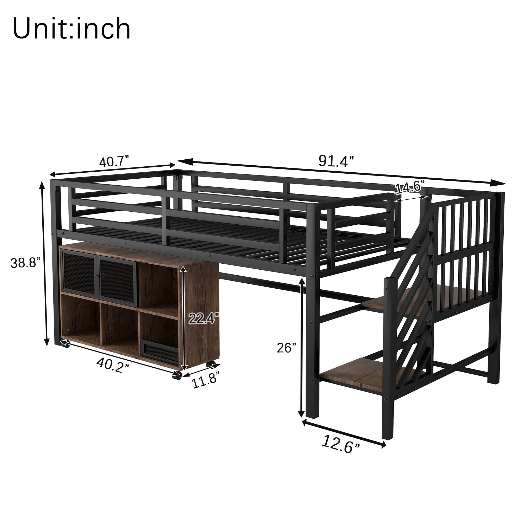 Twin Metal Loft Bed with Storage Cubby, Low Metal Loft Bed with Stairs for Kids, Black, Expect Arrival Date 2025/11/10