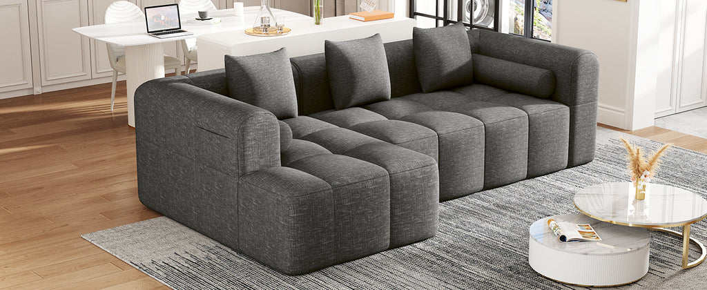 Modern Grey Modular Sectional Sofa with Deep Seating and Side Pockets in Chenille Fabric