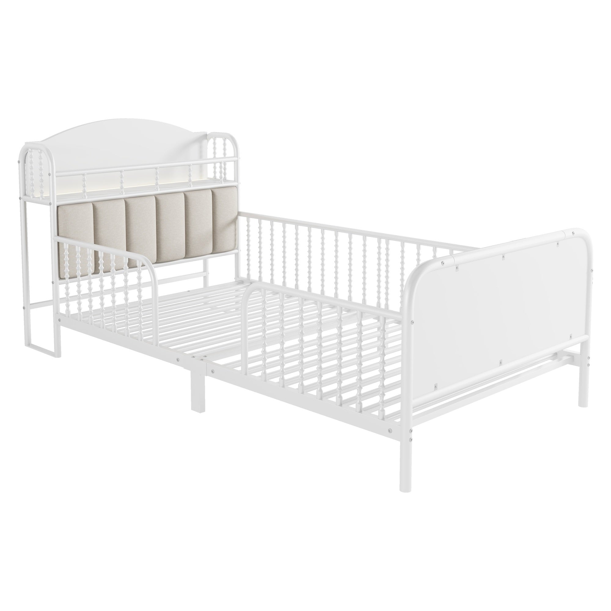 Twin Size Metal Platform Bed Frame with Light, Kids Twin Metal Bed with Upholstered and Storage Headboard, White (Expect Arrival Date 2025/10/5)