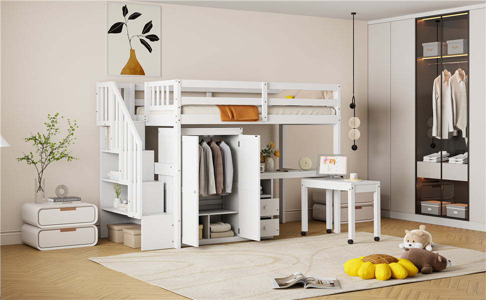 Twin Size Loft Bed with Stairs, Bookshelf, Drawers, Desk & Wardrobe – Space-Saving Multifunctional Furniture for Kids & Teens-White