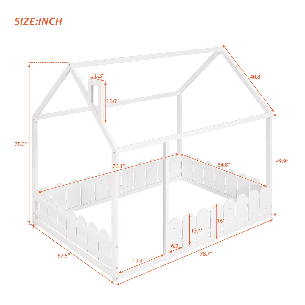 (Slats are not included) Full Size Wood Bed House Bed Frame with Fence,for Kids,Teens,Girls,Boys (White )(OLD SKU:WF281294AAK)