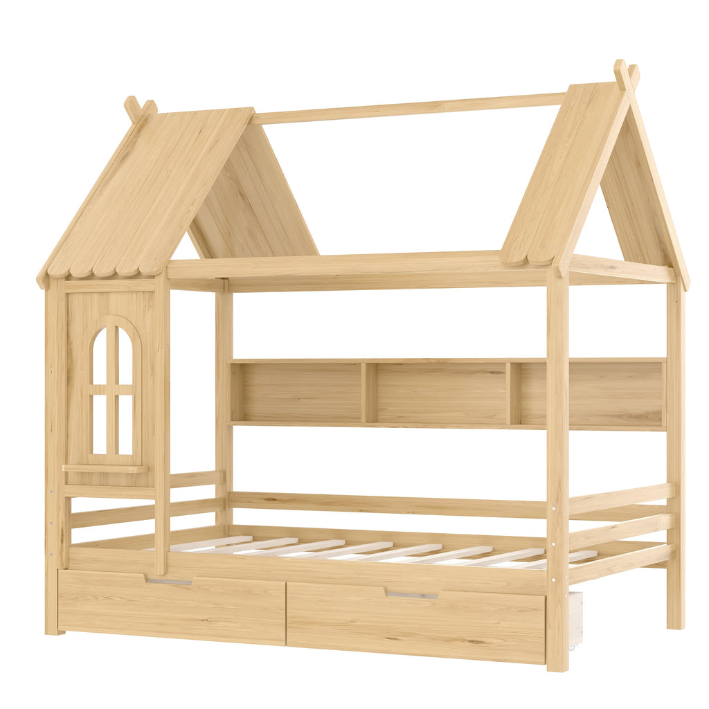 Full house Beds with Storage Drawers and Window, Solid Wood House Platform Bed Frame with shelves, for Kids, Girls, Boys, No Spring Box Needed and Childlike Design, Natural