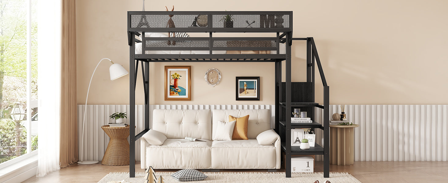 Twin Size Loft Bed with Stairs, Metal Full Loft Bed with Storage Shelves, High Loft Bed with Wardrobe for Kids Teens, Black(Expect Arrival Date 2025/9/22)