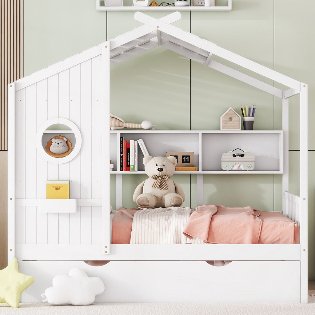 Wooden Full Size House Bed With Trundle, Modern Design for Kids with Storage Shlef, White(old SKU HL000095AAW)