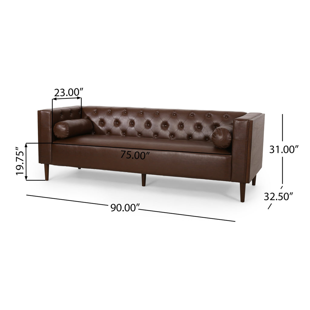 Contemporary 3-Seater Sofa with Tufted Diamond Stitch and Rolled Accent Pillows in Dark Brown PU