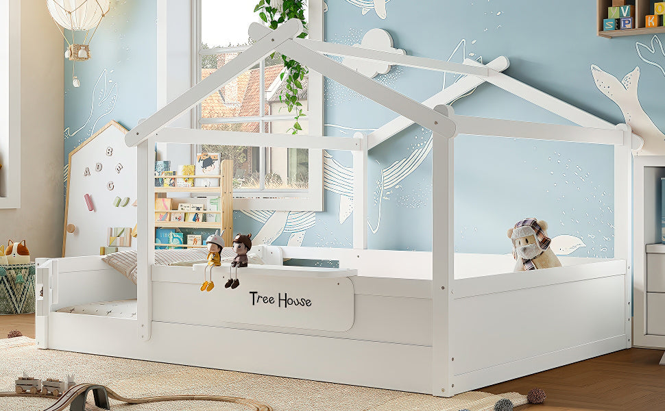 Queen Size Floor Bed with Guardrails and Roof, Kids House Floor Bed with a Small Built-in Tray and Free-installed Signboard, Childlike Design, White
