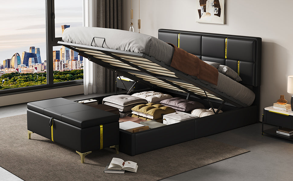 2-Pieces Bedroom Sets,Queen Size Upholstered Platform Bed with Hydraulic Storage System,Storage Ottoman with Metal Legs,Black(Old SKU:N733S207778B)