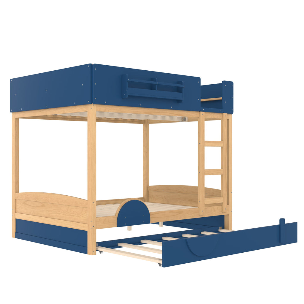 Full Bunk Bed with Trundle , Wood Bunk Bed Frame with Built-inBookshelf and High-quality Safety Guardrail,Automobile Form Design for Kids ,Blue＆Natural.