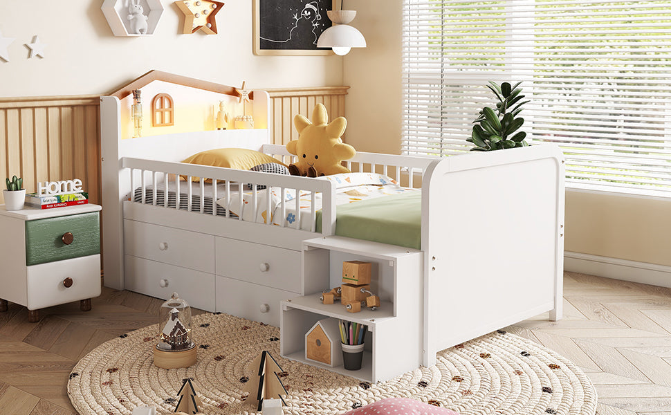 Low Loft Bed with LED Lights, Wooden Twin Loft Bed with House Shape Headboard, Kids Loft Bed with Storage Drawers, White (Expect Arrival Date 2025/1/20)