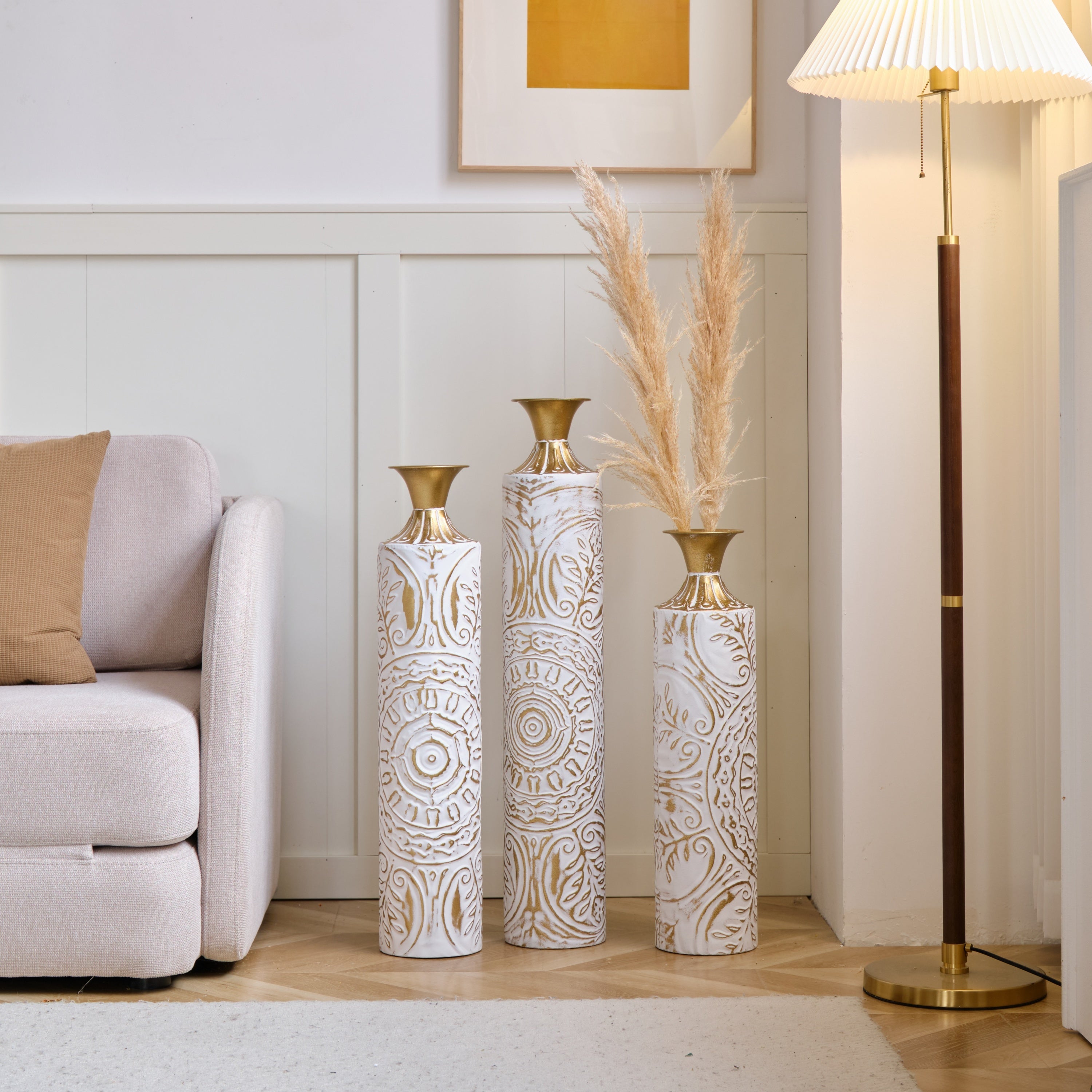 Floor Metal Vases Decorated White Metal Vases Set of 3 Gorgeous Home Decoration Large Glazed Metal Vases 24in/28.7in/33.5in Height