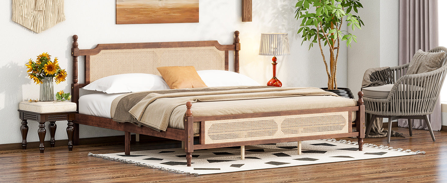 King Pine wooden Bed with Rattan Headboard  and Footboard, with  Central Enhanced Bed Platform,Walnut
