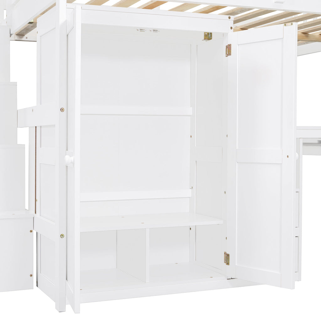 Full Size Loft Bed with Stairs, Bookshelf, Drawers, Desk & Wardrobe – Space-Saving Multifunctional Furniture for Kids & Teens-White