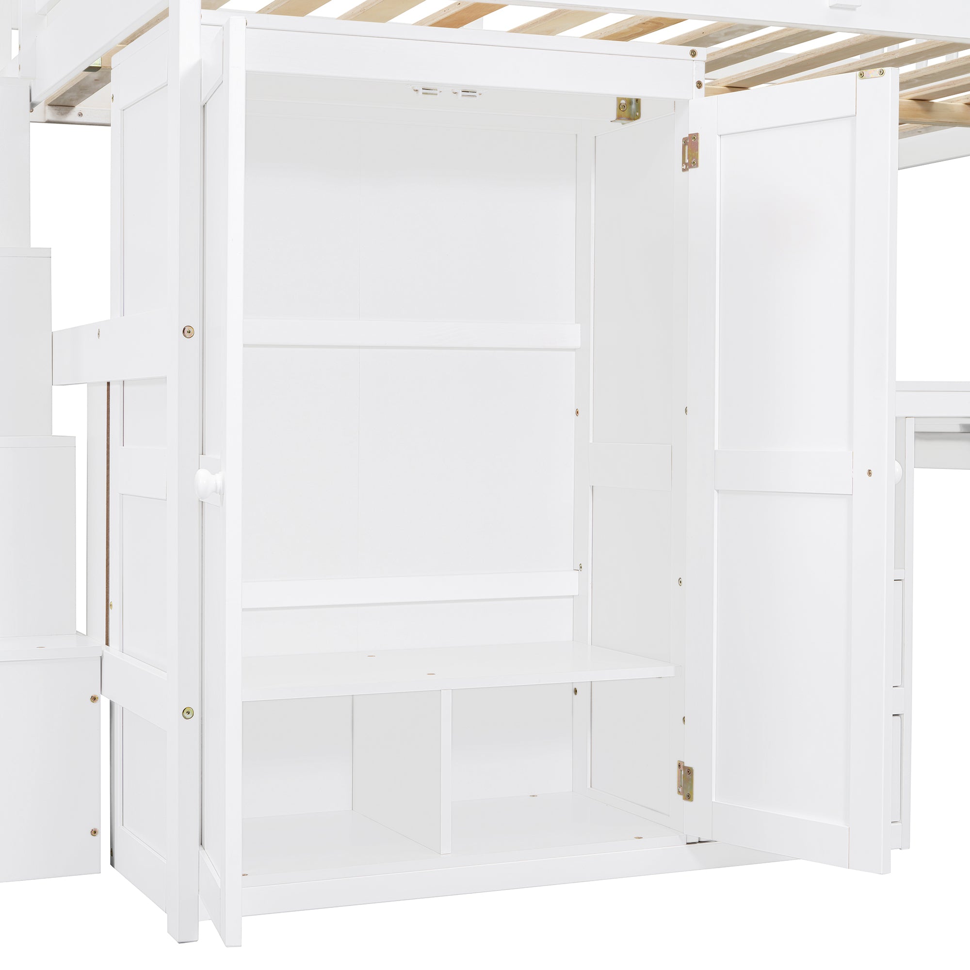 Full Size Loft Bed with Stairs, Bookshelf, Drawers, Desk & Wardrobe – Space-Saving Multifunctional Furniture for Kids & Teens-White