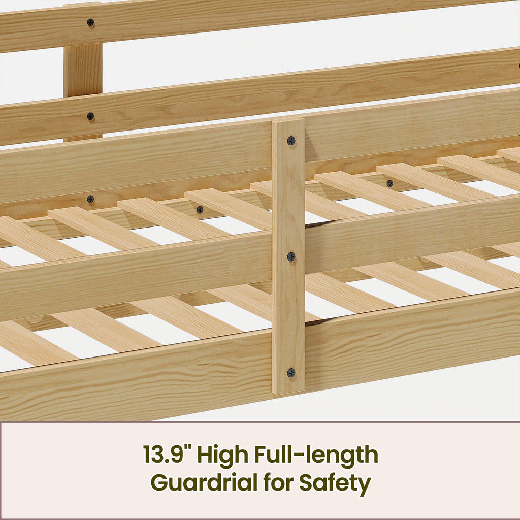 Kids Twin Low Loft Bed - Convertible to Bunk Bed, Solid Wood Modern Bed Frame with LED Strip Lighting, OAK.
