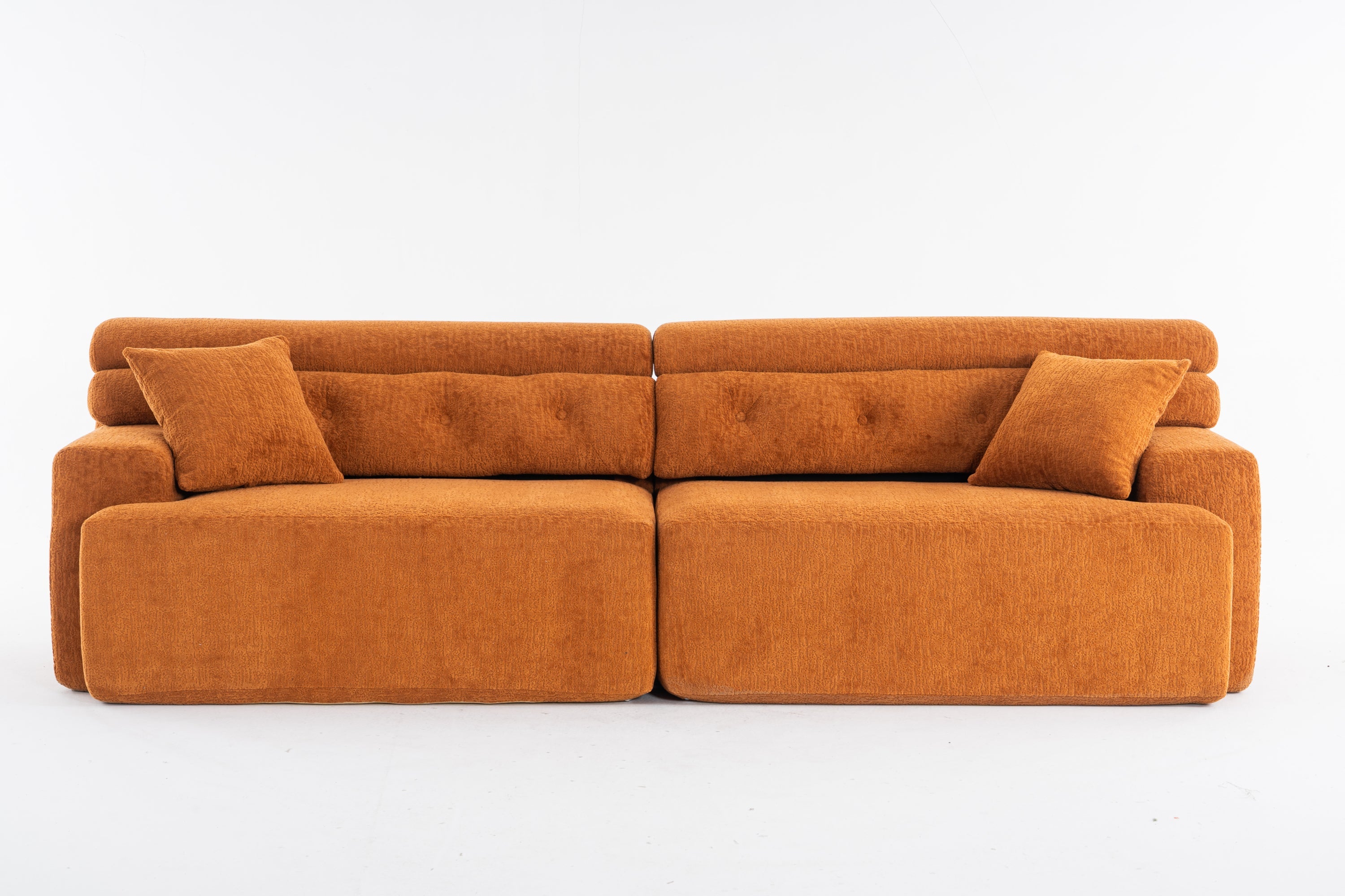 LY-029 Reconfigurable 4-Seater Sectional Sofa with Wood Grain Chenille Fabric, Amber Orange Modular Sofa with 2 Pillows, High-Density Sponge Couch for Living Room & Apartment