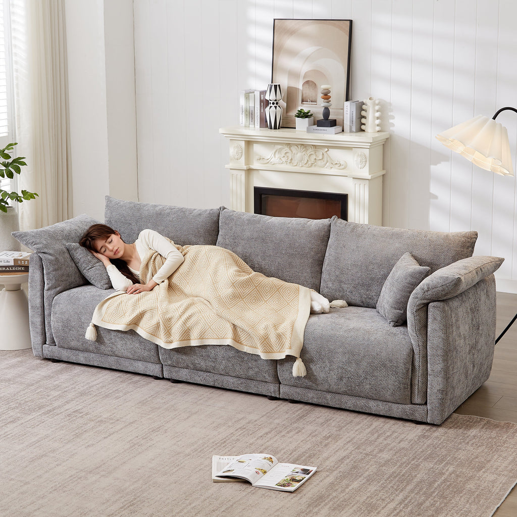 98.5' 3-seater sofa with unique design and soft arm pillows Contemporary style linen sofa with 3 comfortable cushions with 2 pillows Suitable for living room bedroom and office,grey