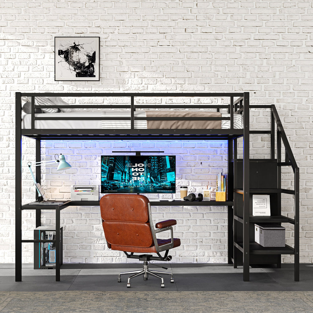 Full Size Loft Bed with L-shaped Desk and USB, Metal Loft Bed with Wardrobe and Adjustable Shelf, High Loft Bed with LED for Kids Teens Adults, Black