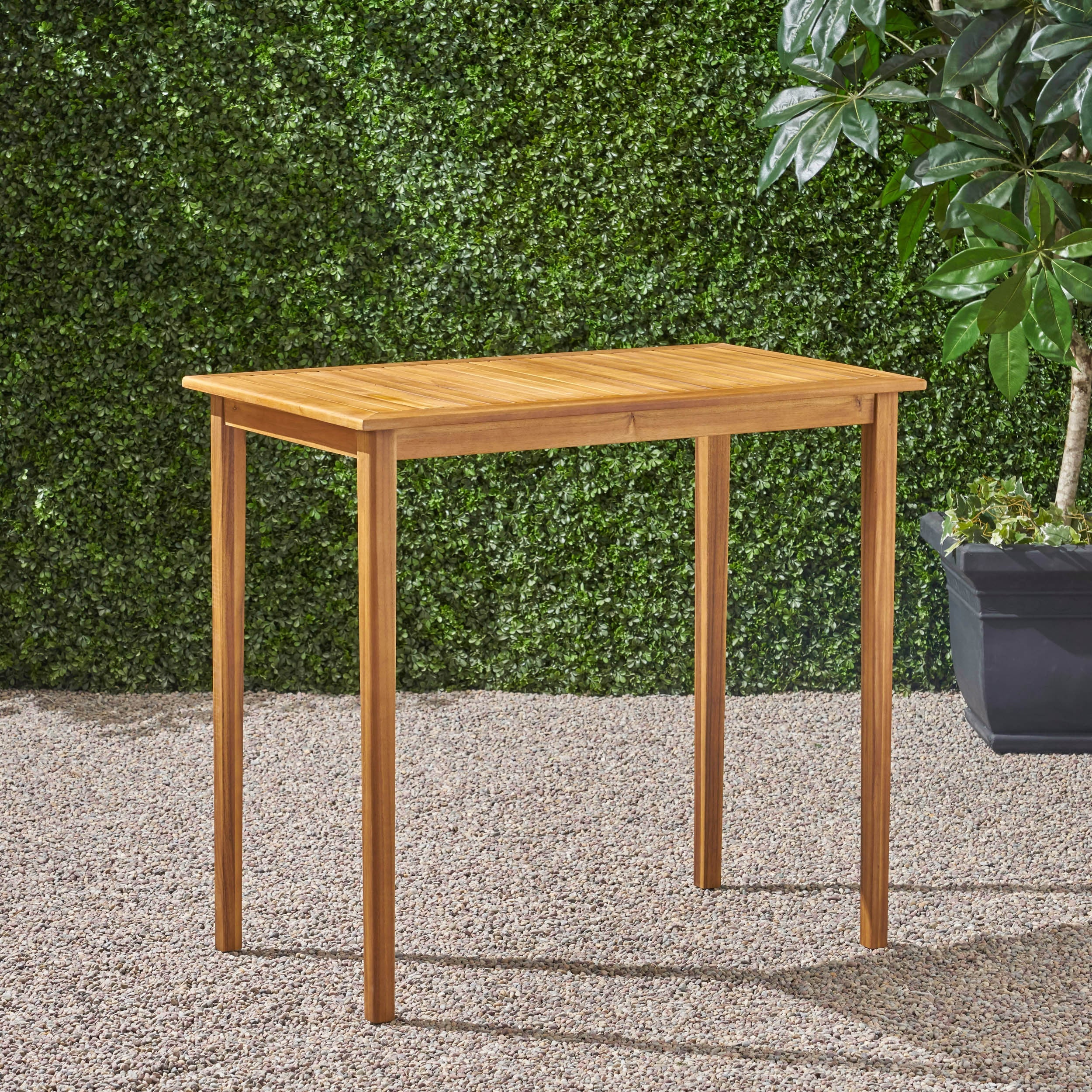 Outdoor Minimalist Acacia Wood Rectangle Bar Table - Teak Finish, Durable Hardwood, 44 x 25 x 40 inches