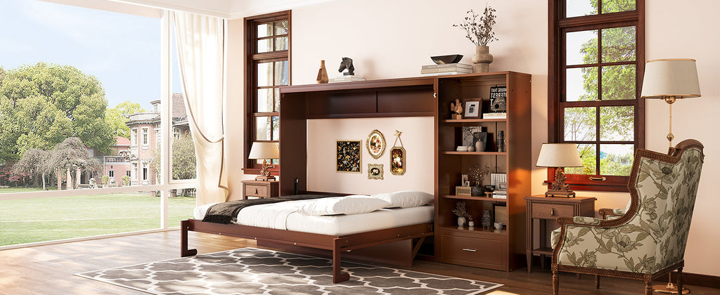 Queen Size Murphy Bed with Height Adjustable Storage Compartments and Shelf, Wall Bed Frame With 1 Drawer, Multifunctional Foldable Platform Bed for Small Space,Bedroom,Guest Room, Walnut