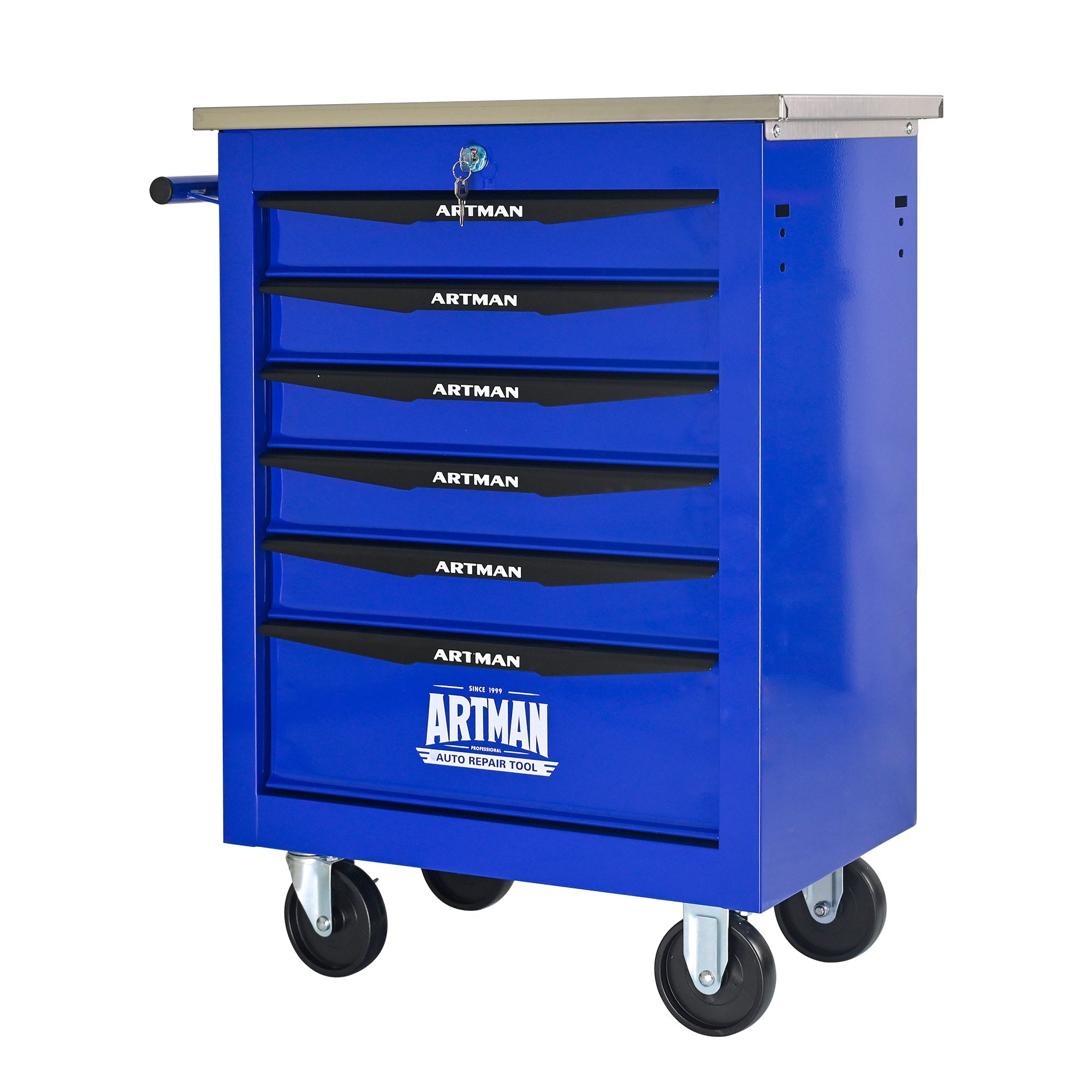 6 Drawers Multifunctional Tool Cart with Wheels,Metal Rolling Tool Cart Storage for Garage Workshop Warehouse Repair Shop--With Stainless Steel Roof- BLACK&BLUE