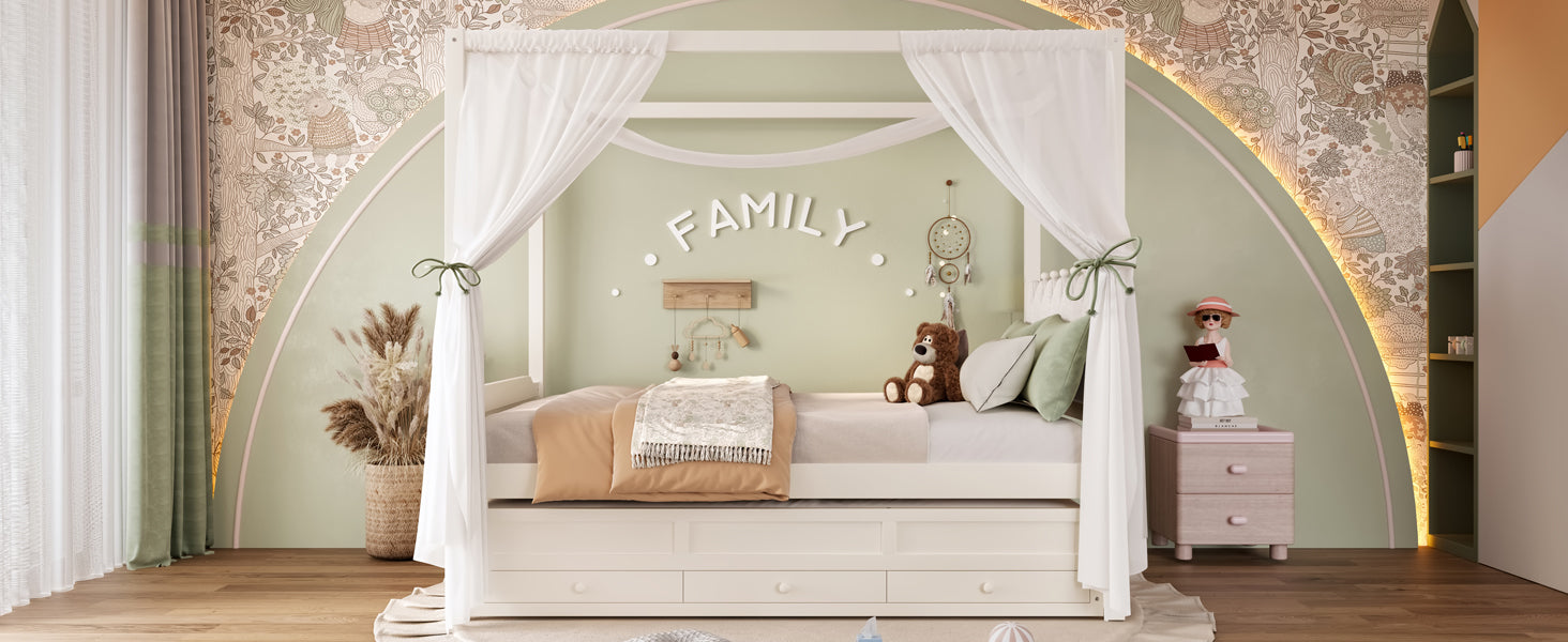 Full Platform Bed with Upholstered Headboard,Twin Size Trundle and 3 Drawers,Princess Canopy Bed Frame for Kids,Storage & Easy Assembly,Beige.
