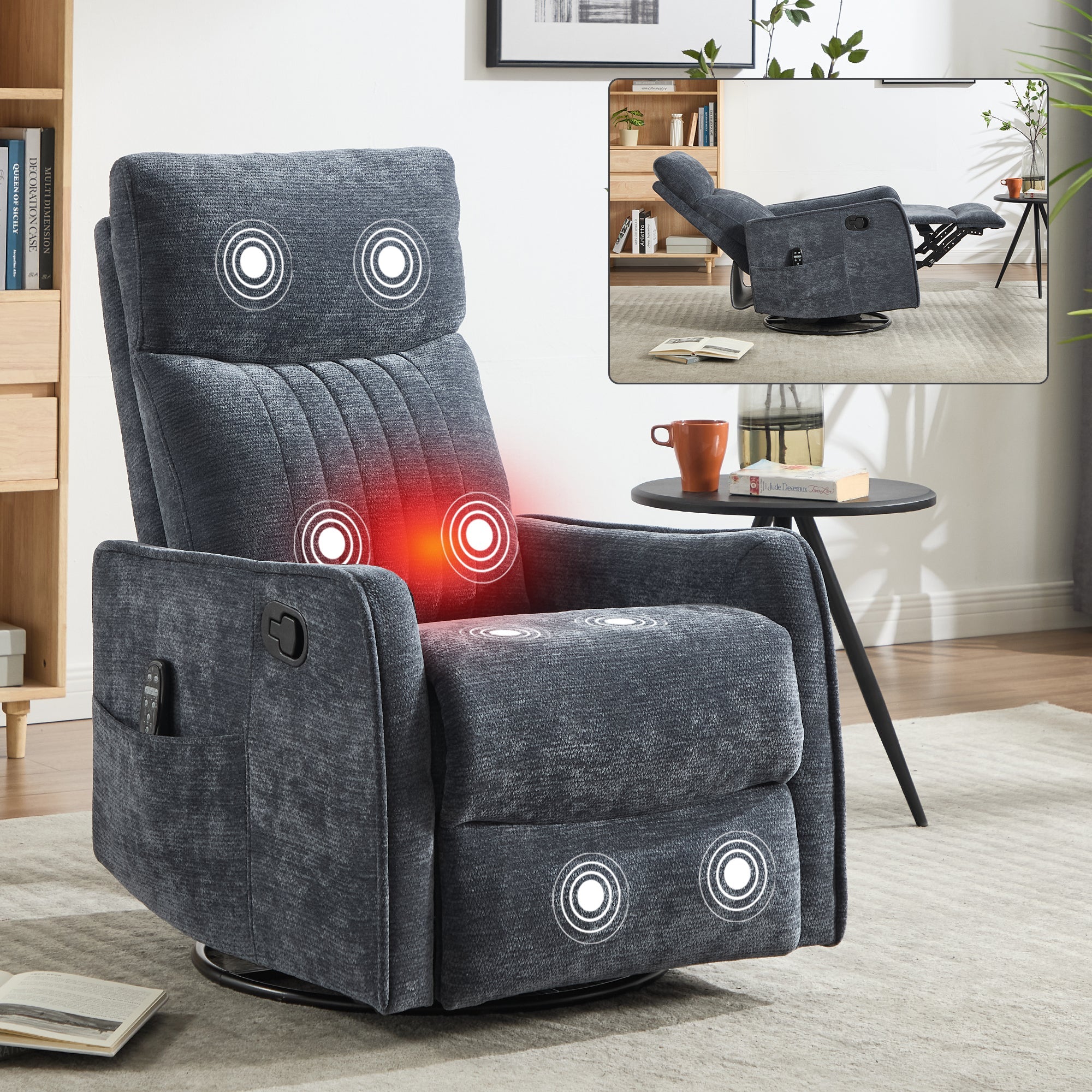 Blue Heat Massage Manual Recliner Chair with Rocker and Swivel in Fabric for Living Room