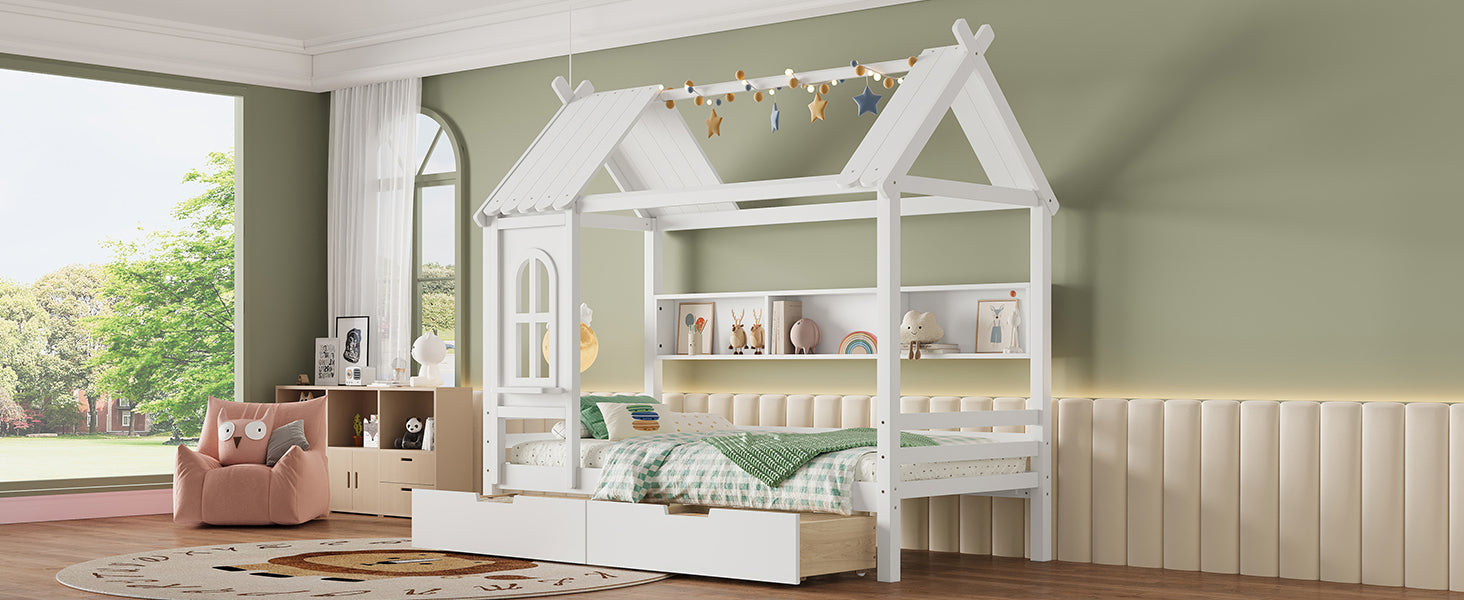 Twin house Beds with Storage Drawers and Window, Solid Wood House Platform Bed Frame with shelves, for Kids, Girls, Boys, No Spring Box Needed and Childlike Design, White