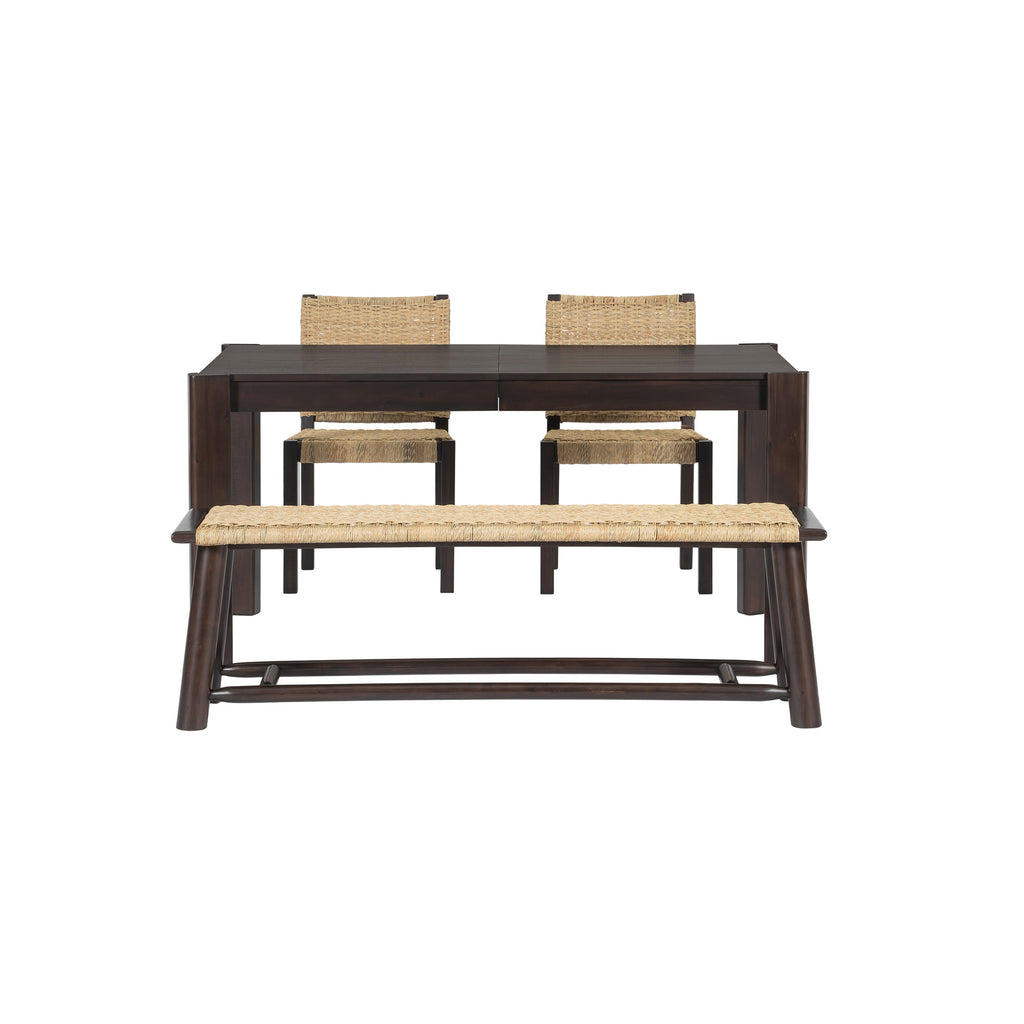 Modern Farmhouse Extendable Dining Table Set with Solid Wood Rattan Chairs – Expandable 59' to 73' for 4-8 Guests in Walnut & Champagne