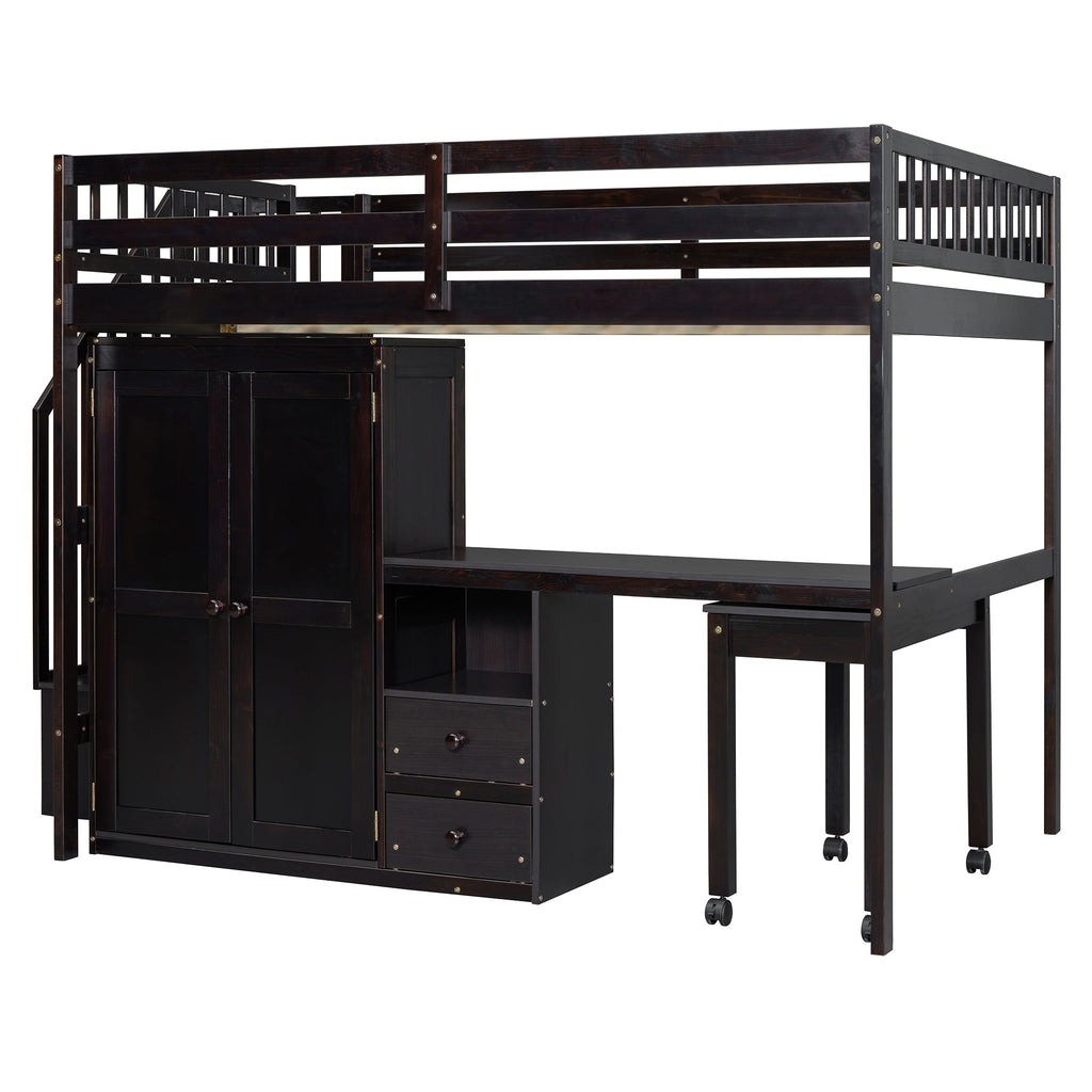 Full Size Loft Bed with Stairs, Bookshelf, Drawers, Desk & Wardrobe – Space-Saving Multifunctional Furniture for Kids & Teens-Espresso