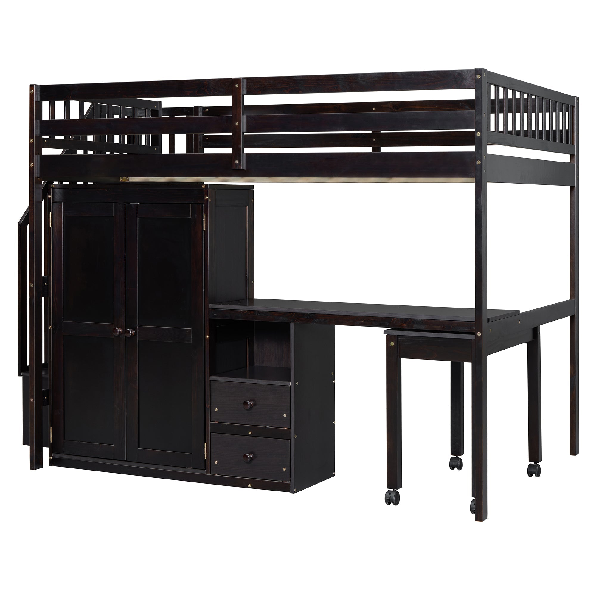 Full Size Loft Bed with Stairs, Bookshelf, Drawers, Desk & Wardrobe – Space-Saving Multifunctional Furniture for Kids & Teens-Espresso