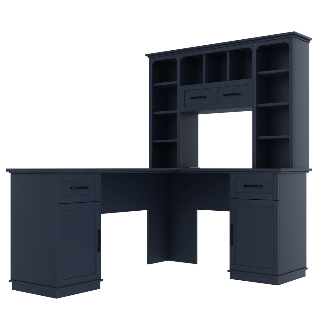 L-Shaped Computer Desk with 2 Cabinets and 2 Drawers, 11 Open Shelves, with Power Outlet, for Study, Living Room and Office, Antique Blue