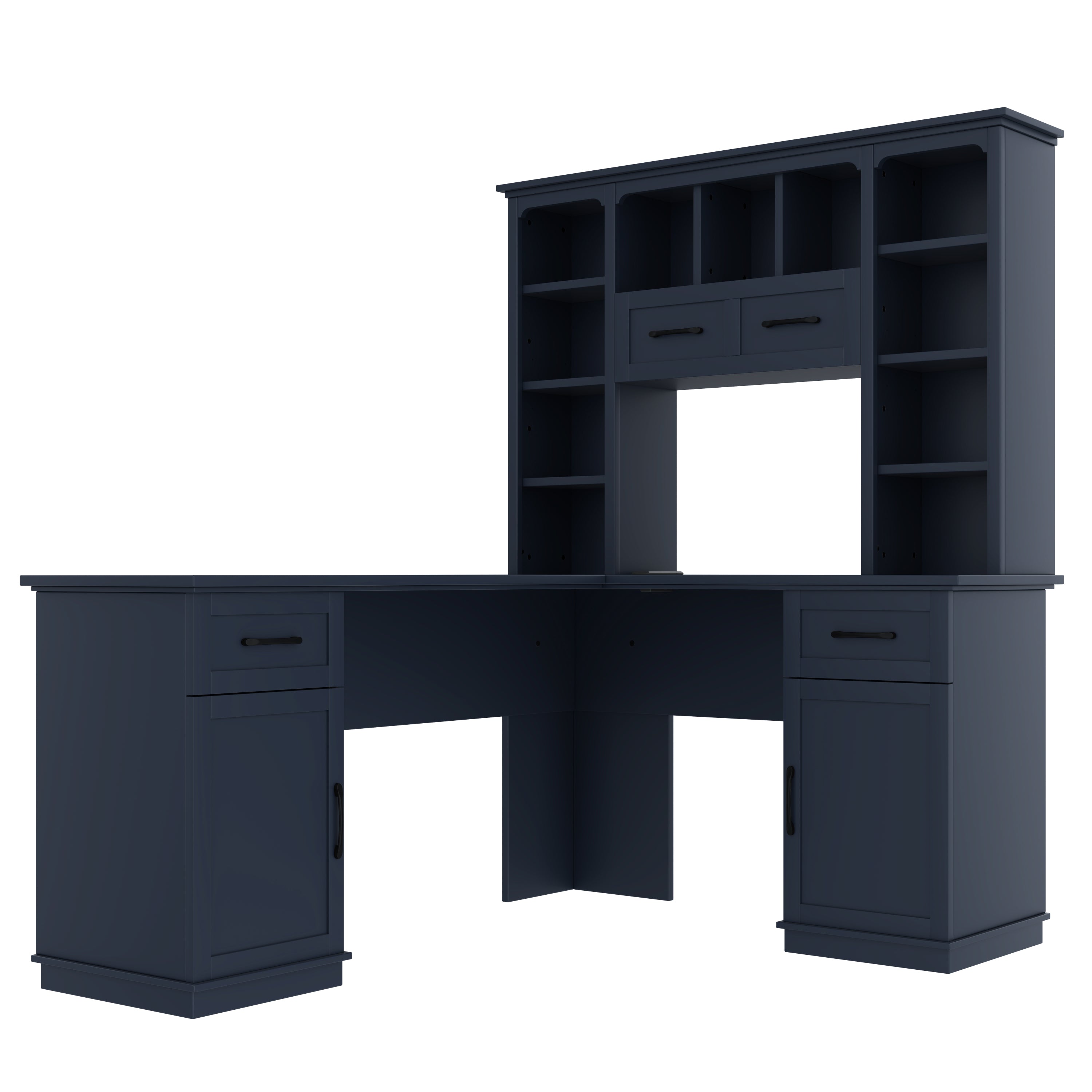 L-Shaped Computer Desk with 2 Cabinets and 2 Drawers, 11 Open Shelves, with Power Outlet, for Study, Living Room and Office, Antique Blue