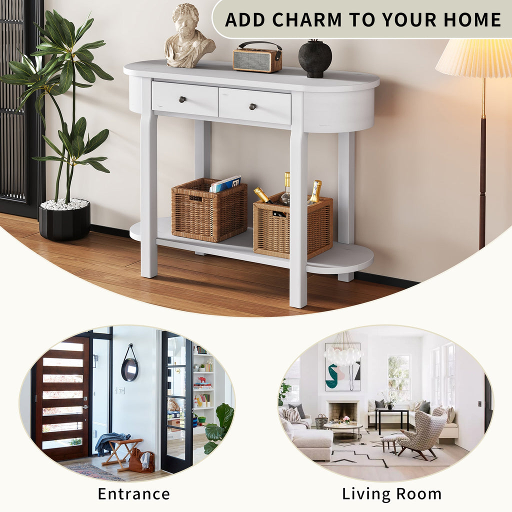 TREXM Elegant Retro Console Table with Curved Design and Smooth Glaze for Entryways, Living Rooms and hallways (Antique White)