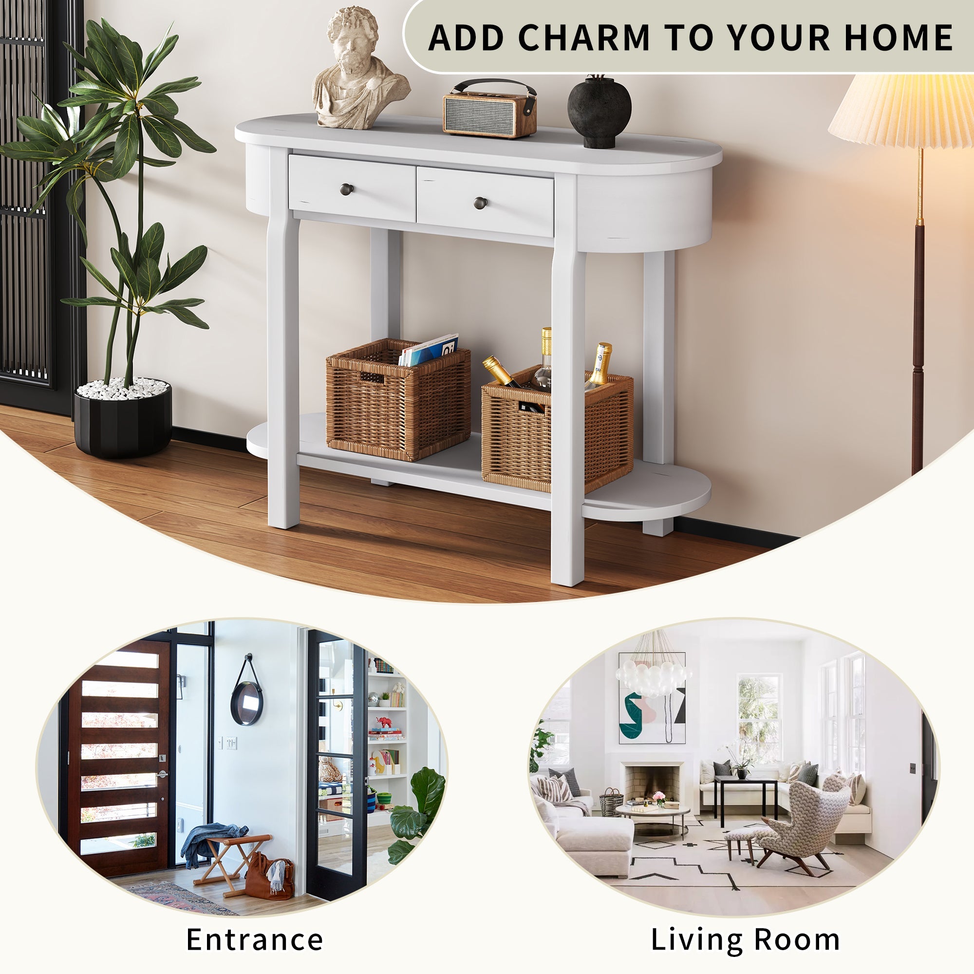 TREXM Elegant Retro Console Table with Curved Design and Smooth Glaze for Entryways, Living Rooms and hallways (Antique White)