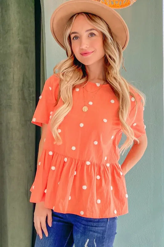 And The Why Pom Pom Polka Dots Short Sleeve Top