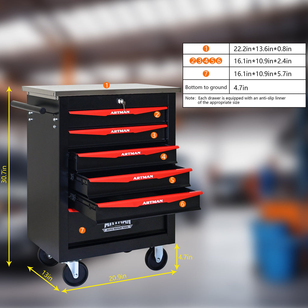 6-Drawer Multifunctional Tool Cart with Wheels, Metal Rolling Tool Cart Storage for Garage Workshop Warehouse Repair Shop - with Stainless Steel Roof - Black & Red