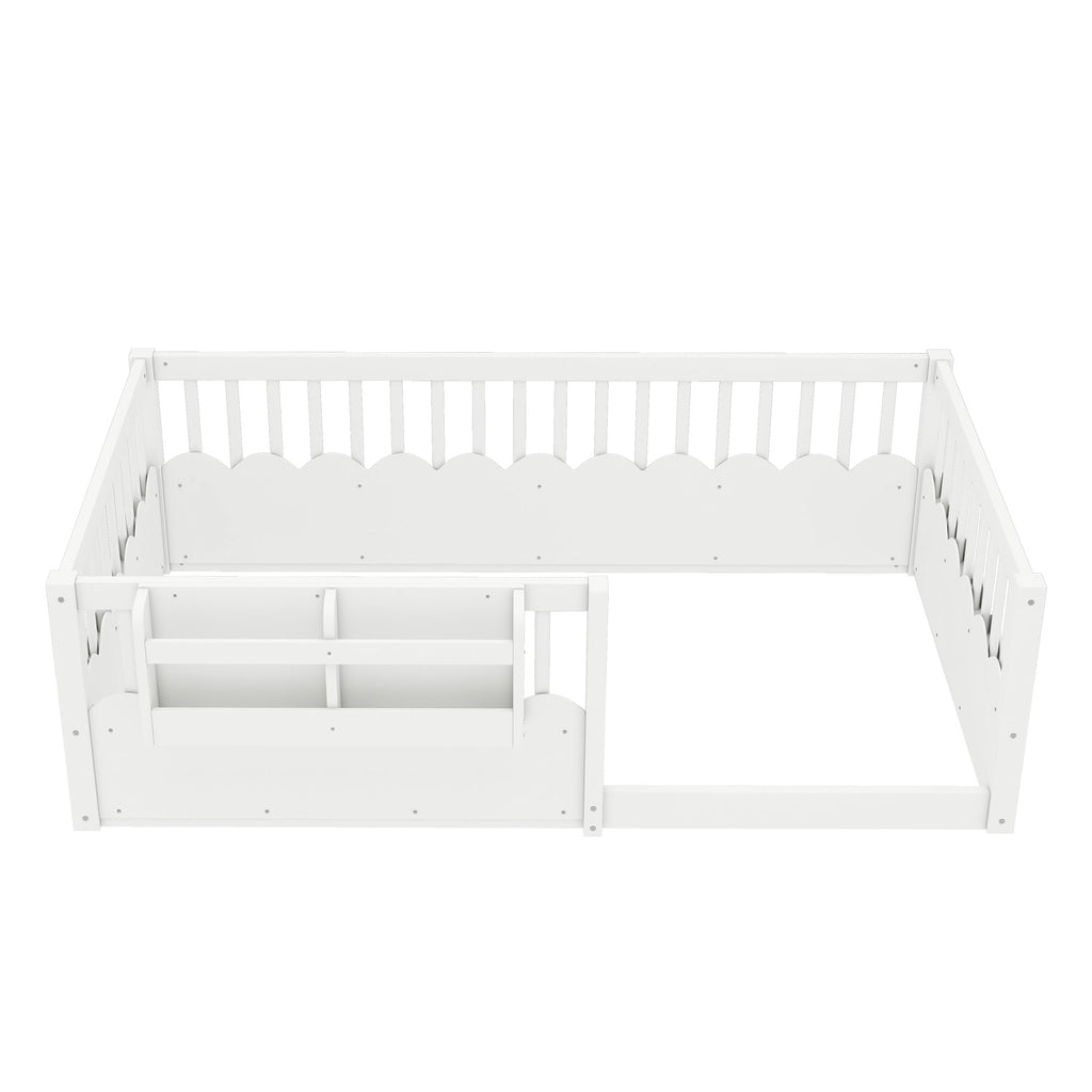 Twin Floor bed with Heightened Fence and bookshelf ,Wood Floor Bed for Kids, White.