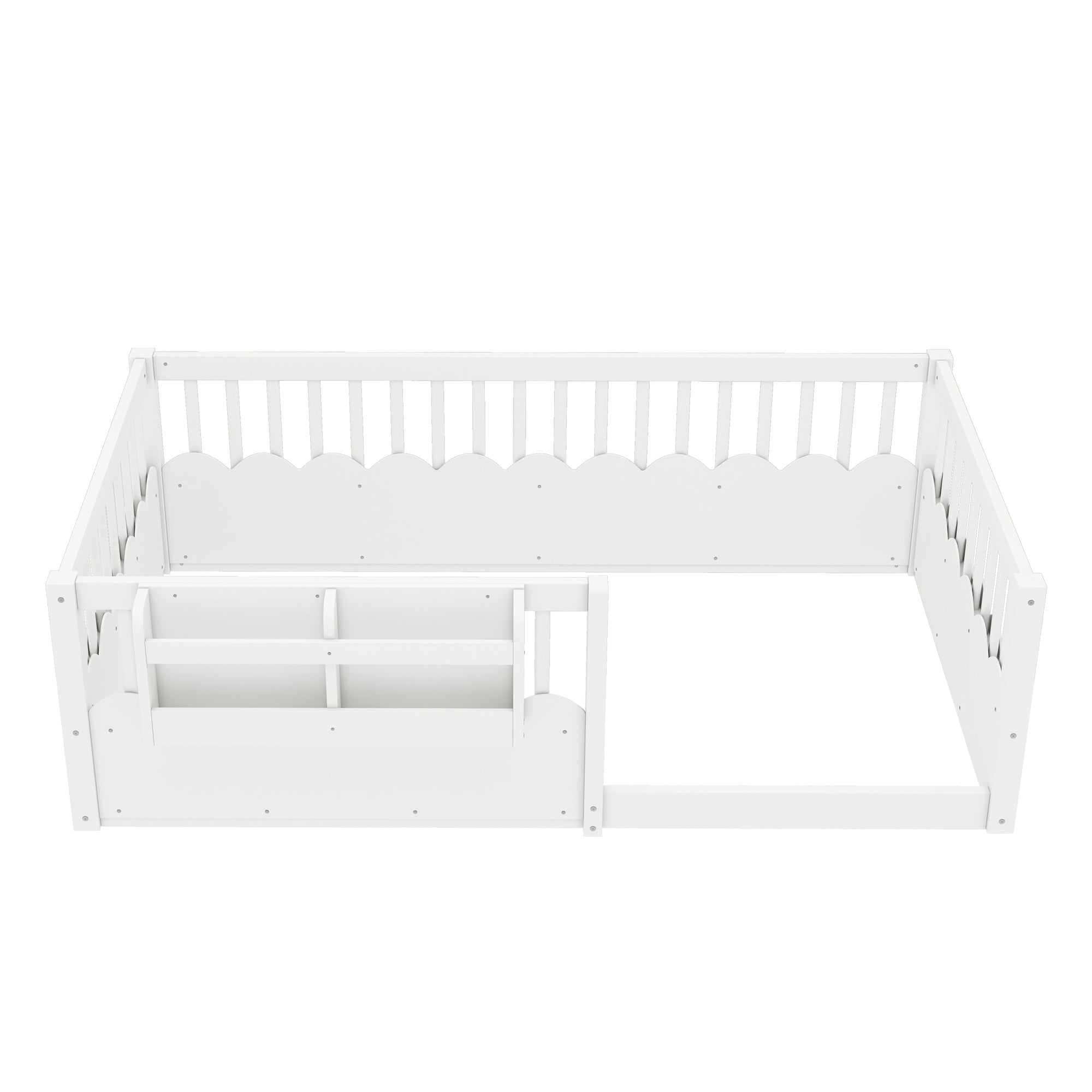 Twin Floor bed with Heightened Fence and bookshelf ,Wood Floor Bed for Kids, White.