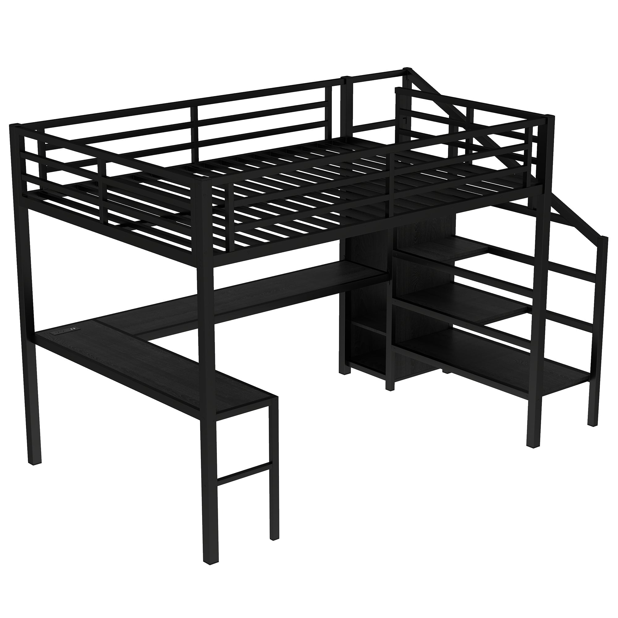 Queen Size Loft Bed with L-shaped Desk and USB, Metal Loft Bed with Wardrobe and Adjustable Shelf, High Loft Bed with LED for Kids Teens Adults, Black