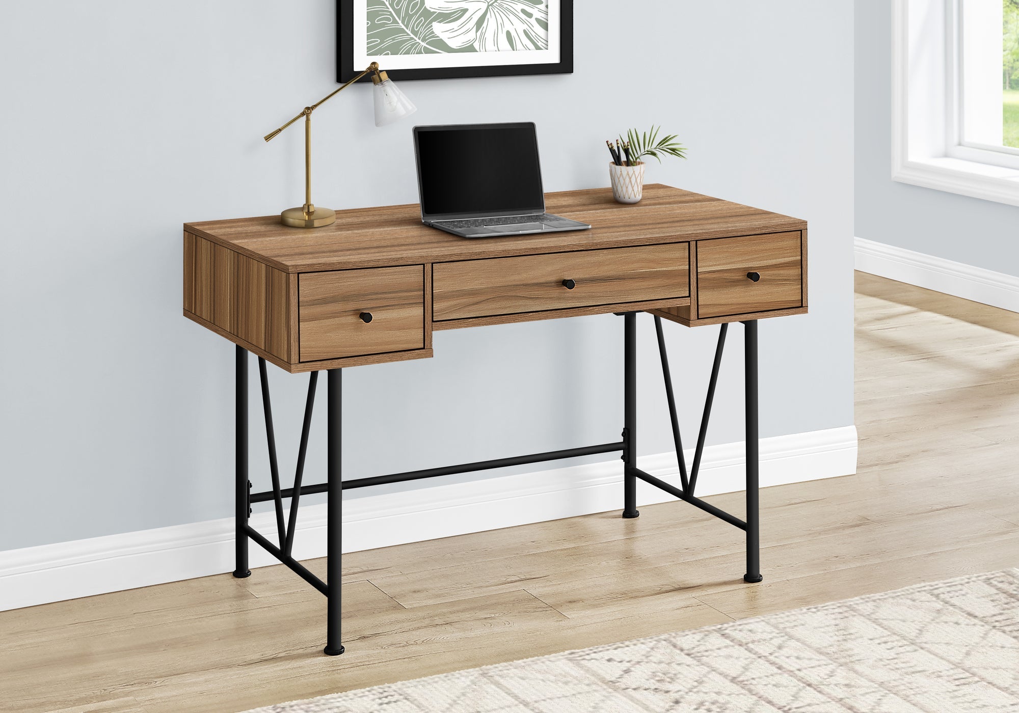 Computer Desk, Home Office, Laptop, Storage Drawers, 48'l, Work, Brown Laminate, Black Metal, Transitional
