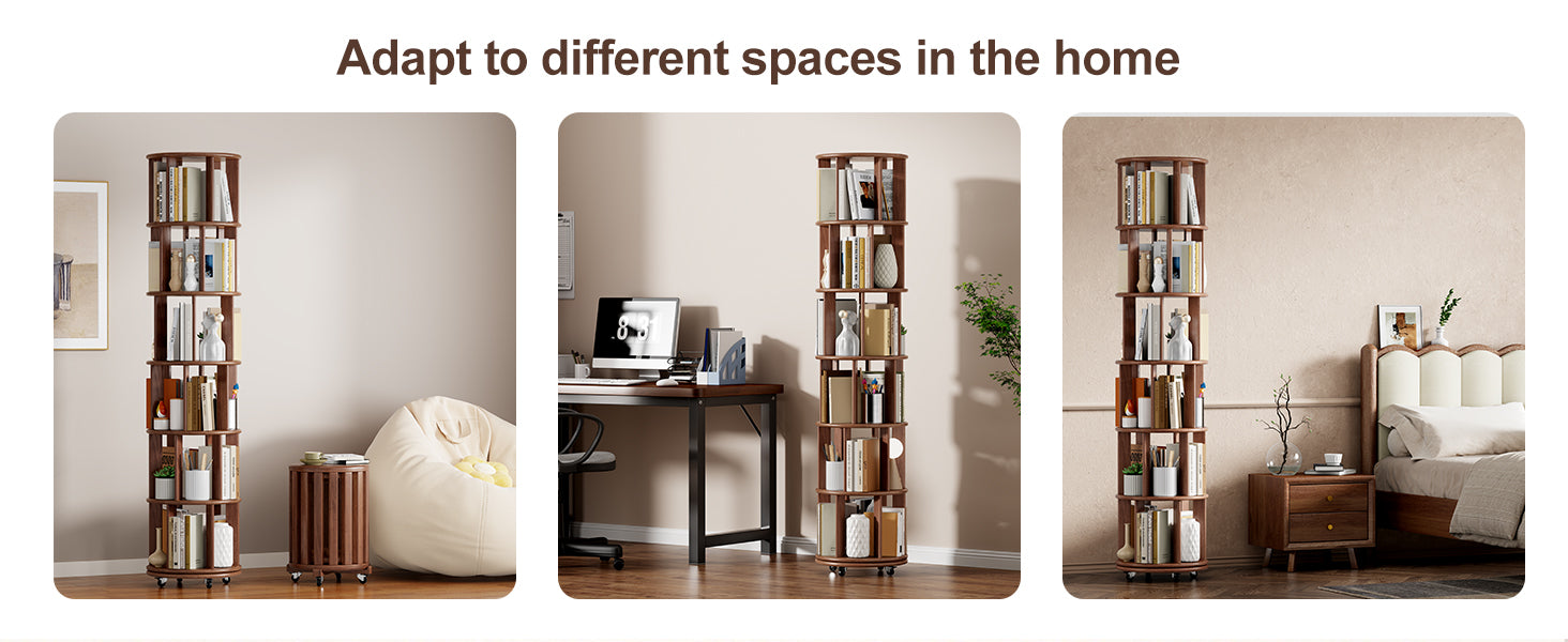 100%Solid Wood Rotating Bookshelf on Wheels, 6 Tier, Round Revolving Bookcase, 360° Spinning Book Shelf Tower for Kids, Narrow Rolling Bookshelves for Small Space, Corner, Bedroom, Office, Walnut