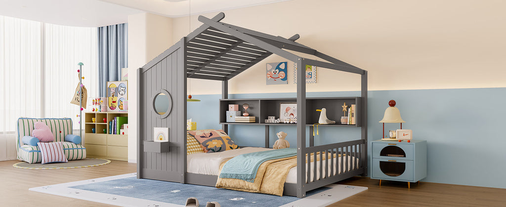 Full Size Floor House Bed for Toddler, Kids Montessori Bed  with Storage Shelf, Playhouse Bed with Roof Design, Gray